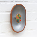 Modern Embroidered Oval Framed in Vintage Teak | Silver Background