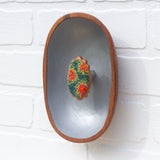 Modern Embroidered Oval Framed in Vintage Teak | Silver Background