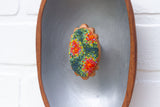 Modern Embroidered Oval Framed in Vintage Teak | Silver Background