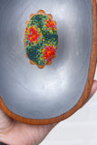 Modern Embroidered Oval Framed in Vintage Teak | Silver Background