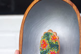 Modern Embroidered Oval Framed in Vintage Teak | Silver Background