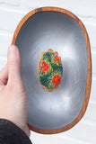 Modern Embroidered Oval Framed in Vintage Teak | Silver Background