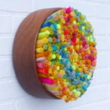 Mega Felted Puff in Vintage Teak Frame | Rainbow