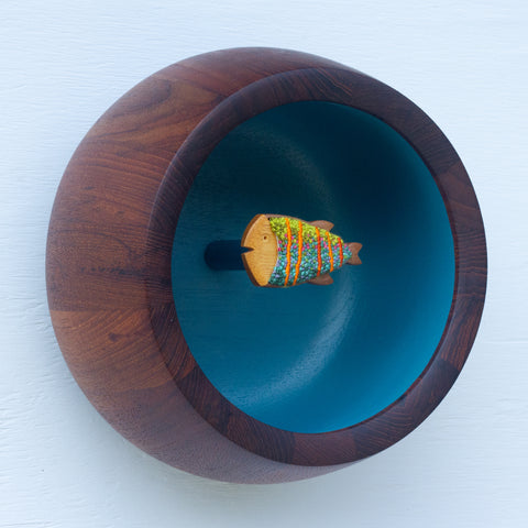 Embroidered Fish in XL Chunky Teak Bowl | Tropical