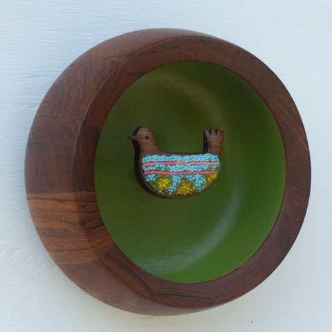 Embroidered Folk Art Bird in Vintage Teak Frame | Green