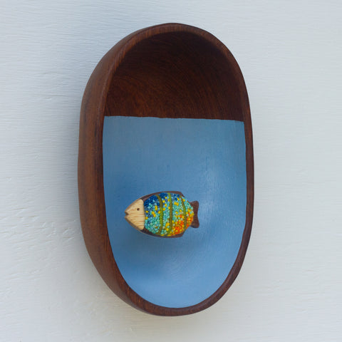 Embroidered Fish in Teak Oval Frame | Water Line