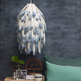 Heatherd Blue Wool Pendant Lamp in Hand Cut/Hand Sewn Strips with ZigZag Cord