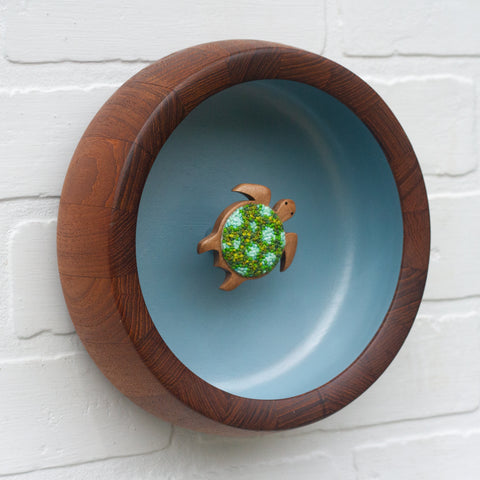 Embroidered Turtle in Large Vintage Teak Frame