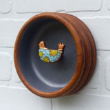 Embroidered Bird in Vintage Wavy Teak Frame