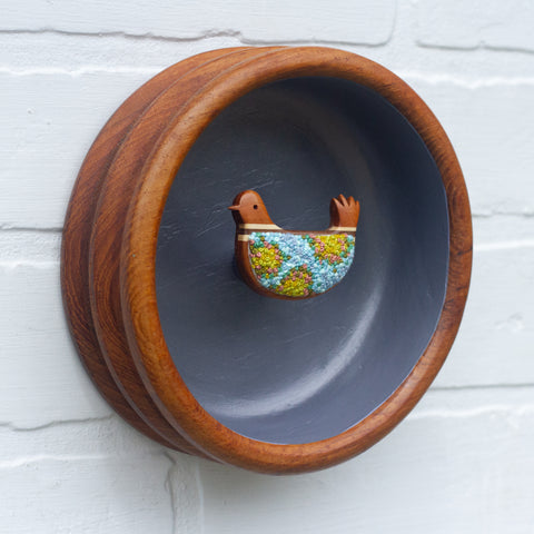 Embroidered Bird in Vintage Wavy Teak Frame