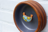 Embroidered Bird in Vintage Wavy Teak Frame