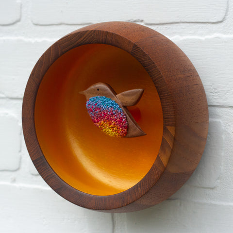 Embroidered Hummingbird in Vintage Teak Frame