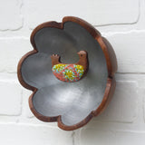 Embroidered Bird in Rare Vintage Teak Flower Frame