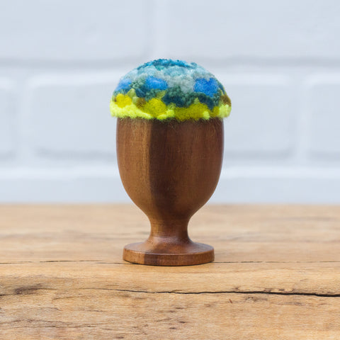 Mini Puff in Vintage Teak Egg Cup | Aqua + Neon