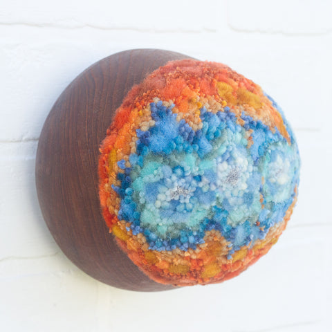 Puff Fiber Sculpture in Vintage Teak Frame | Blue + Orange