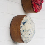 The Puff Collection | Round Teak Frame with Fiber Art in Blues and Whites