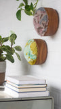 The Puff Collection | Round Teak Frame with Fiber Art in Chartreuse, Teal, Blue and Green
