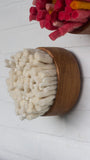 The Puff Collection | Round Teak Frame Felted Fiber Art in All White