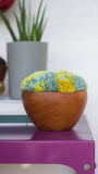 Puff Collection | Fluffy Lime Green and Teal Fibers in Vintage Teak Bowl