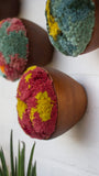 Puff Collection | Fluffy Reds and Chartreuse Fiber Art in Vintage Teak Bowl