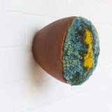 Puff Collection | Dark Aqua, Green and Chartreuse Fiber Art in Vintage Teak Bowl