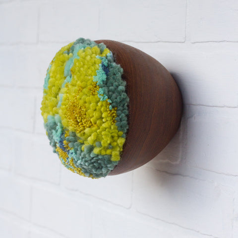 Puff Collection | Fluffy Lime Green and Teal Fibers in Vintage Teak Bowl