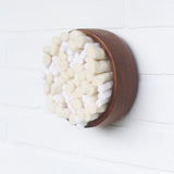Puff Collection | White Felted Wool Fiber Art in Vintage Teak Bowl (1/2)