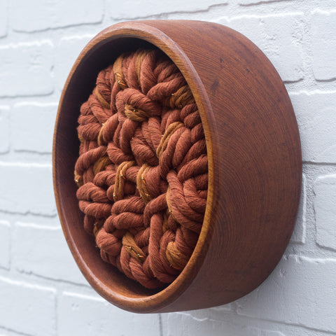 Woven Wall Sculpture in Vintage Teak Frame | Rust