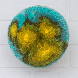 Puff Fiber Sculpture in Teak Frame | Yellow + Turquoise