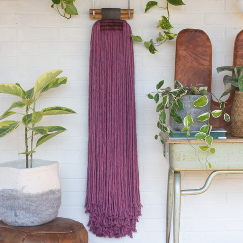 Extra Large Fringe Woven Wall Hanging in Berry Cotton Rope with Recycled Leather Detail