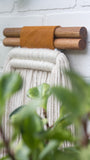 Large, Neutral Fringed Woven Wall Hanging with Double Dowels and Recycled Leather