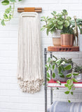 Large, Neutral Fringed Woven Wall Hanging with Double Dowels and Recycled Leather