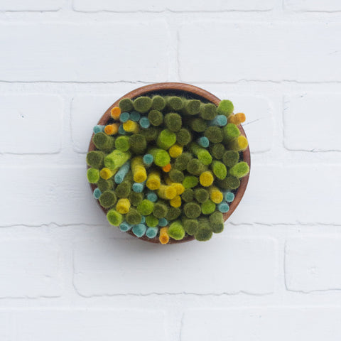 Puff | Green Felted Wools | Fiber Sculpture in Vintage Teak Bowl 1/2