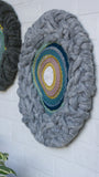 Round Woven Wall Hanging | Marbled Grey with Multi Colored Center Weaving on Metal Hoop