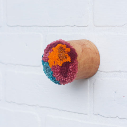Mini Puff | Pink, Orange and Teal | Fiber Sculpture in Wood Frame